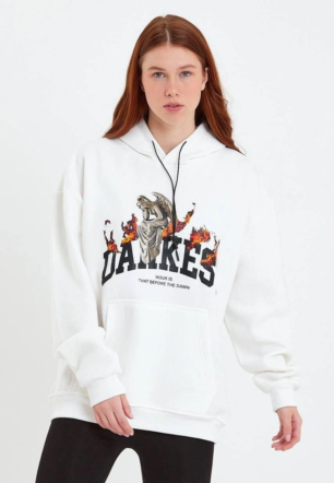 Kadın DANKES Baskılı Kapüşonlu üç iplik pamuklu  Sweat - Beyaz
