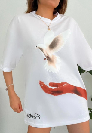 Kadın Baskılı T-Shirt Kısa Kol Bisiklet Yaka  Ovarsize Rahat Kalıp Günlük Tişört  - Beyaz