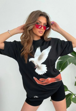 Kadın Baskılı T-Shirt Kısa Kol Bisiklet Yaka Ovarsize Rahat Kalıp Günlük Tişört - Siyah