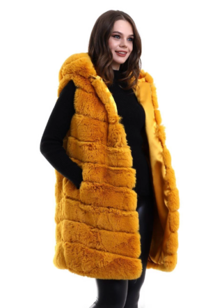 Kadın Kapşonlu Peluş Kürk Yelek Premium Kalite, Tam Astarlı, Uzun Model - Sarı