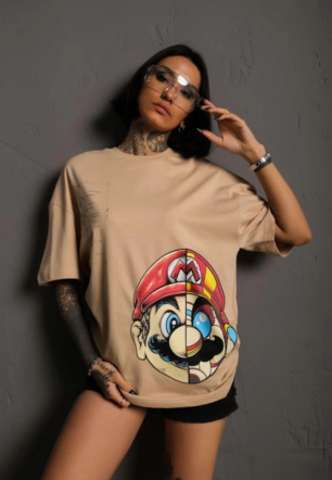 Kadın Mario Baskılı T-Shirt Oversize Kısa kol Bisiklet yaka tişort - Bej