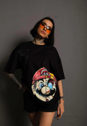 Kadın Mario Baskılı T-Shirt Oversize Kısa kol Bisiklet yaka tişort - Siyah