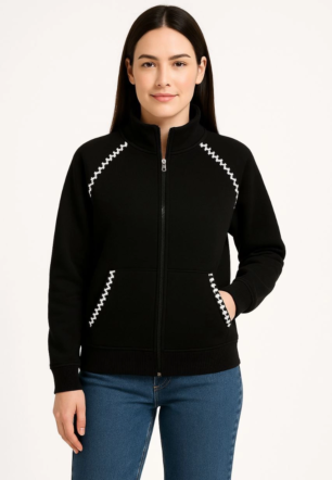 Kadın Oversize Dik Yaka Fermuarlı Sweatshirt - Zincir Nakışli Kanguru Cepli, - Siyah