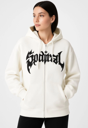 Kadın Kapüşonlu 3 İplik Şardonlu Önü Baskılı Fermuarlı Oversize Sweatshirt - Beyaz