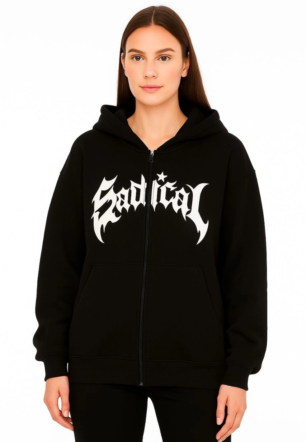 Kadın Kapüşonlu 3 İplik Şardonlu Önü Baskılı Fermuarlı Oversize Sweatshirt - Siyah