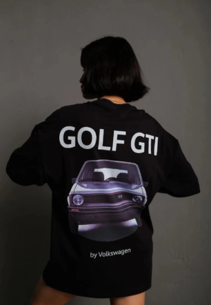 Kadın Oversize Tişört Golf GTI Retro Araba Baskılı T-shirt - Siyah