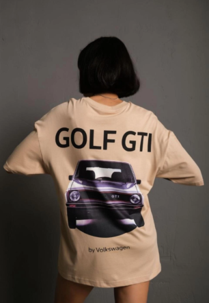 Kadın Oversize Tişört Golf GTI Retro Araba Baskılı T-shirt - Bej