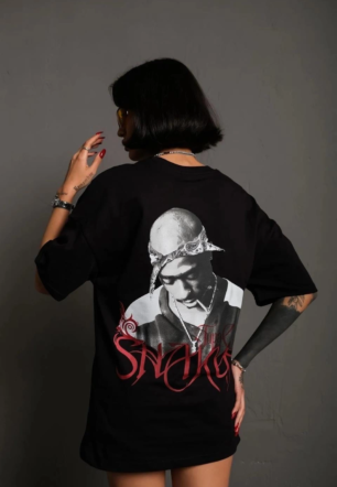 Kadın Baskılı T-Shirt Oversize Kısa kol Bisiklet yaka tişort- Siyah