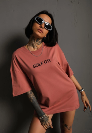 Kadın Oversize Tişört Golf GTI Retro Araba Baskılı T-shirt  - Gül Kurusu
