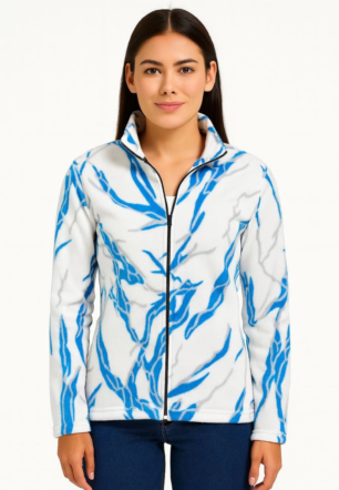 Kadın Tam Fermuarlı Desenli Polar Sweat Lightning Desen Yakalı Uzun Kollu Oversize - Beyaz