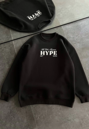 Kadın Üç İplik Bisiklet Yaka Baskılı SweatShirt - Siyah