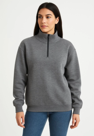 Kadın Üç İplik Dık Yaka Yarım Fermuarlı SweatShirt - Antrasit