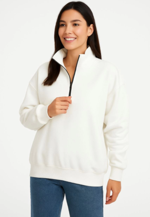 Kadın Üç İplik Dık Yaka Yarım Fermuarlı SweatShirt - Beyaz