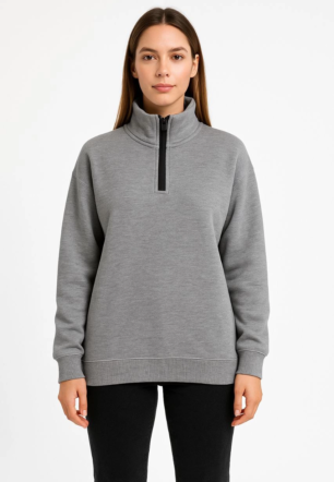 Kadın Üç İplik Dık Yaka Yarım Fermuarlı SweatShirt - Gri