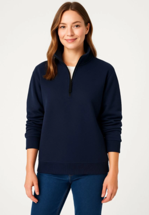 Kadın Üç İplik Dık Yaka Yarım Fermuarlı SweatShirt - Lacivert