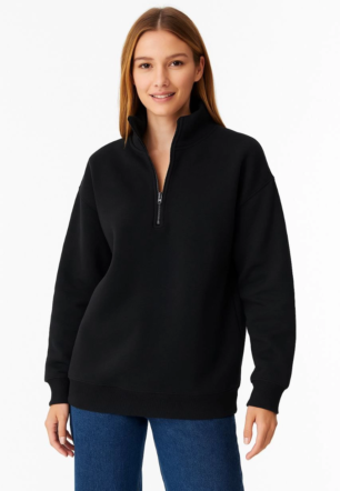 Kadın Üç İplik Dık Yaka Yarım Fermuarlı SweatShirt - Siyah