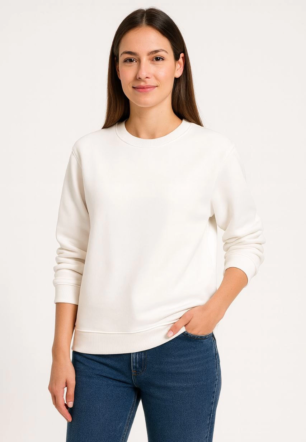Kadın Üç İplik Düz Bisiklet Yaka SweatShirt - Beyaz