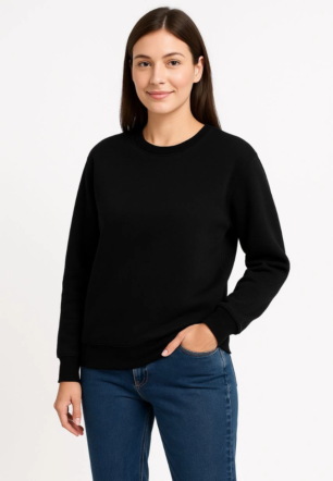 Kadın Üç İplik Düz Bisiklet Yaka SweatShirt - Siyah
