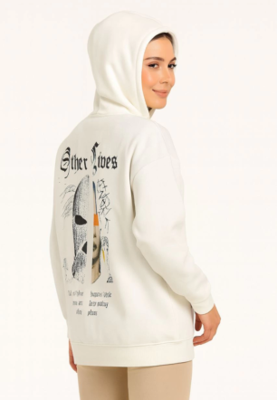 Kadın Kapşonlu Sweatshirt Oversize Üç İplik Şardonlu Other Lives Ön Arka Baskılı - Beyaz