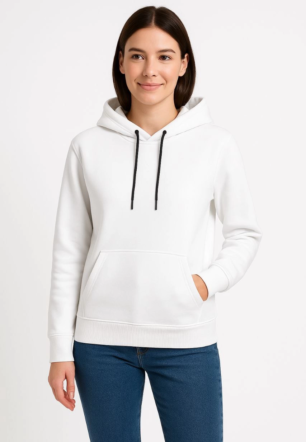 Kadın Üç İplik Kapüşonlu Kanguru Çepli SweatShirt hoodie - Beyaz