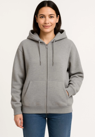 Kadın Üç İplik Kapüşonlu Tam Fermuarlı Kanguru Çepli SweatShirt Hoodie - Gri