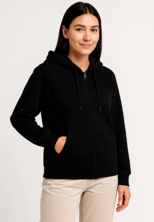 Kadın Üç İplik Kapüşonlu Tam Fermuarlı Kanguru Çepli SweatShirt Hoodie - Siyah