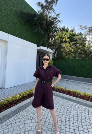 Kadın Yakalı Gömlek Kemerli Şortlu Alt-Üst Takım - Bordo