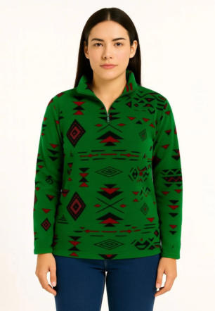 Kadın Yarım Fermuarlı Desenli Polar Sweat Tribal Etnik Desen Yakalı Uzun Kollu - Yeşil