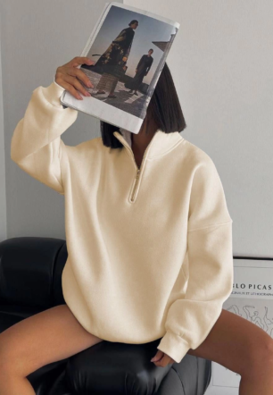 Kadın Yarım Fermuarlı Üç İplik Sweatshirt - Bej