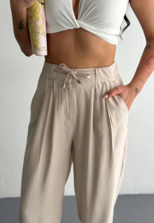 Kadın Yüksel Bel Beli Bağcıklı Rahat Boru Paça Pantalon - Kırık Beyaz