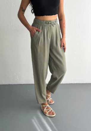 Kadın Yüksel Bel Beli Bağcıklı Cepli Rahat Paça Pantalon - Su Yeşili