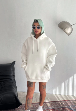 Kadın Kapüşonlu Üç İplik Penye Basic SweatShirt - Beyaz