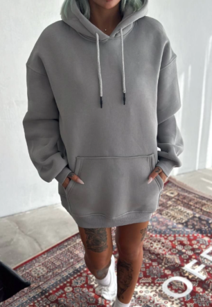 Kadın Kapüşonlu Üç İplik Penye Basic SweatShirt - Boyalı Gri
