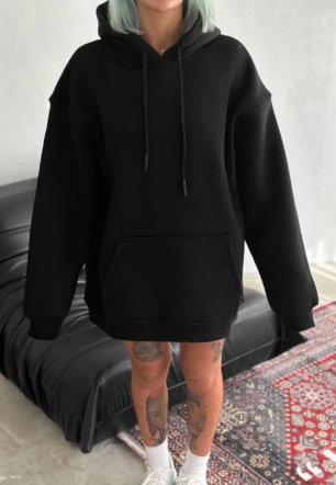 Kadın Kapüşonlu Üç İplik Penye Basic SweatShirt - Siyah