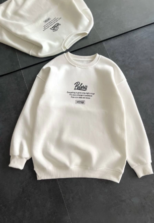 Kadın üç iplik Kışlık Bisiklet Yaka Ön Ve Arka Baskılı SweatShirt - Beyaz