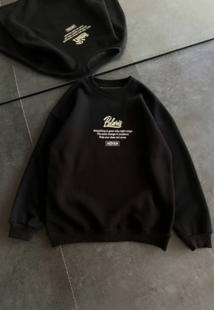 Kadın üç iplik Kışlık Bisiklet Yaka Ön Ve Arka Baskılı SweatShirt - Siyah
