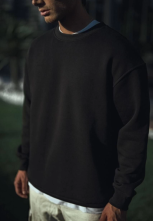 Erkek pamuklu Bisiklet Yaka Üç İplik Basic SweatShirt - Siyah