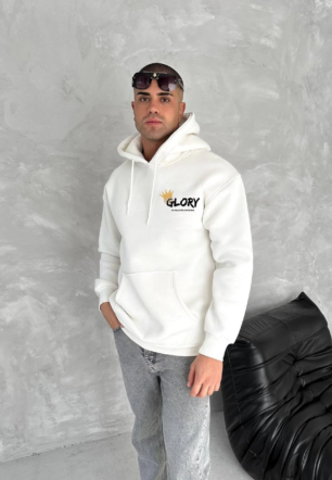 Erkek Kışlık Üç İplik Pamuklu Kapüşonlu SweatShirt - Beyaz