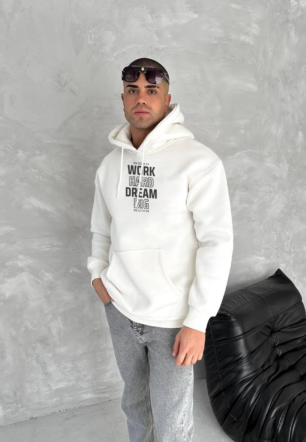 Erkek Kışlık Üç İplik Pamuklu Kapüşonlu SweatShirt - Beyaz