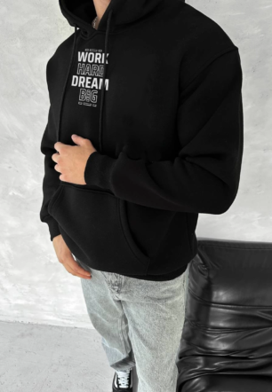 Erkek Kışlık Üç İplik Pamuklu Kapüşonlu SweatShirt - Siyah