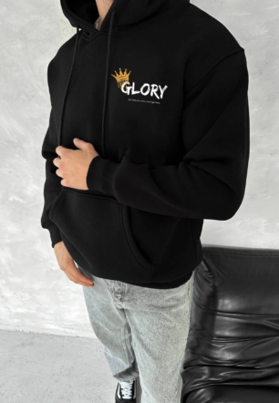 Erkek Kışlık Üç İplik Pamuklu Kapüşonlu SweatShirt - Siyah