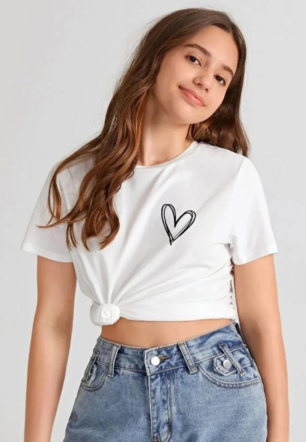 Kız Çocuk Bisiklet Yaka Baskılı T-Shirt - Beyaz