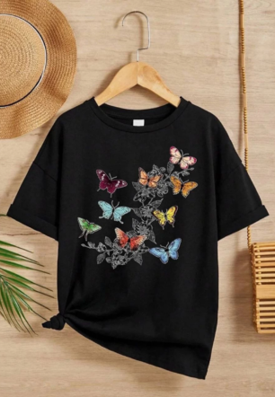 Kız Çocuk Bisiklet Yaka Baskılı T-Shirt - Siyah
