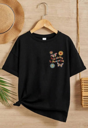 Kız Çocuk Bisiklet Yaka Baskılı T-Shirt - Siyah