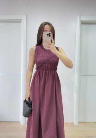 Kadın Kolsuz Göğüs Lastıklı %100 Poplin Uzun Elbise - Bordo