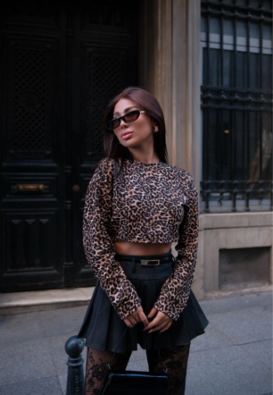 Kadın Leopar desenli Uzun Kollu Crop - Leopar