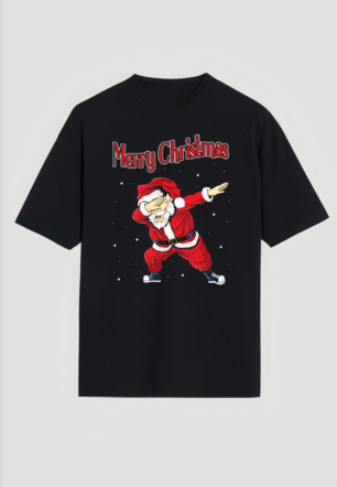 Merry Christmas Baskılı Noel Babalı T-shirt - Siyah