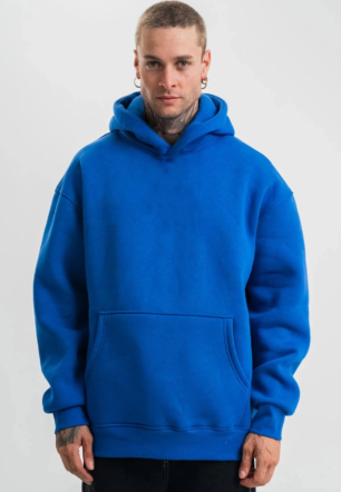 Erkek Saks Mavi Double Oversize 3 İplik Pamuklu Kapüşonlu Kanguru Cepli - Saks Mavisi