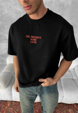 Erkek Baskılı Oversize Bisiklet Yaka T-shirt- Siyah