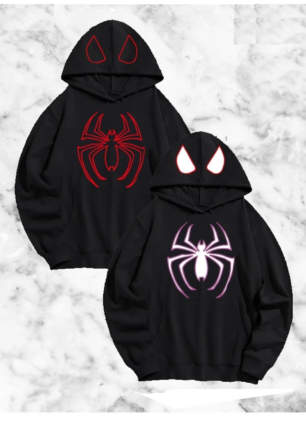 Örümcek Baskılı Sevgili Çift Kombini Kapüşonlu Sweatshirt & Hodie - Siyah